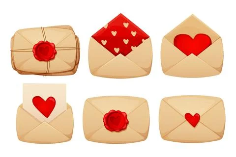 Set romantic envelope, love letter with wax seal heart shape rope Valentines day Illustrazione stock