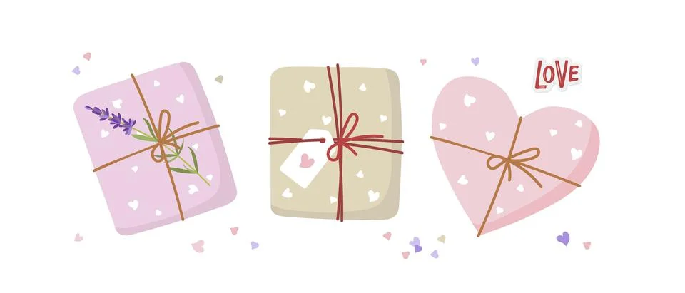 Set of romantic Gift boxes in pink and craft paper with heart-shaped decor Stock Illustration