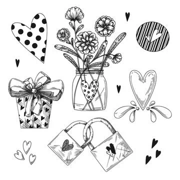 Set of romantic hand drawn elements. Different hearts, flowers and other diff Stock Illustration