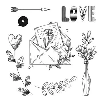 Set of romantic hand drawn elements. Different hearts, flowers and other diff Stock Illustration