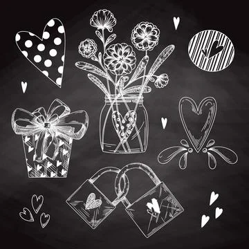 Set of romantic hand drawn elements. Different hearts, flowers and other diff Stock Illustration