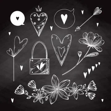 Set of romantic hand drawn elements. Different hearts, flowers and other diff Stock Illustration