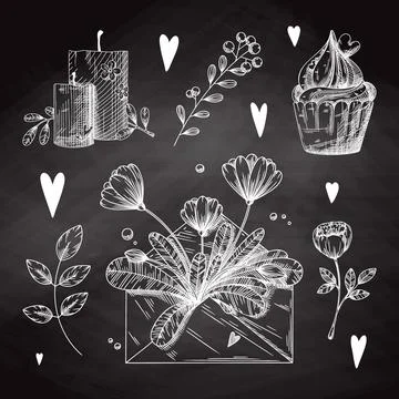 Set of romantic hand drawn elements. Different hearts, flowers and other diff Illustrazione stock