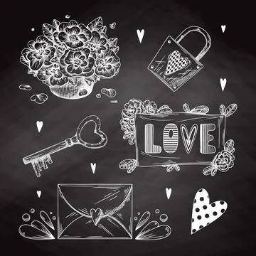 Set of romantic hand drawn elements. Different hearts, flowers and other diff Stock Illustration