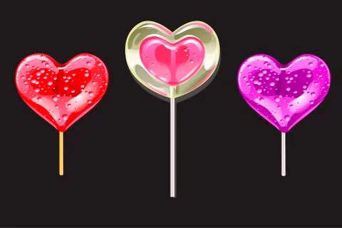 Set of romantic lollipops in the shape of a heart on a black.  Illustrazione stock