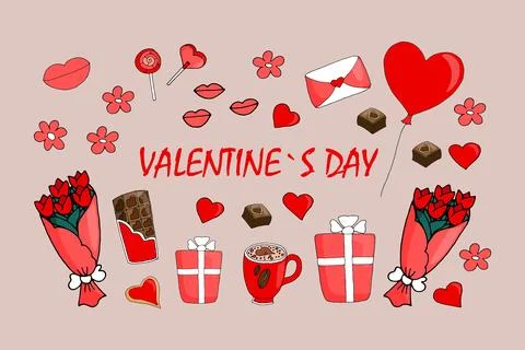 Set of romantic love elements for Valentine's Day 库存插图