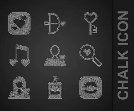 Set Romantic man, Perfume, Smiling lips, Search heart and love, girl, Music note Illustration