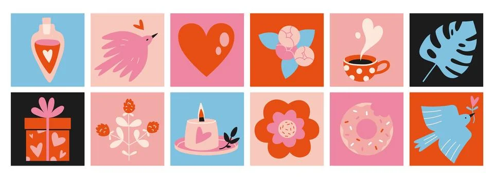 Set of romantic objects like heart, dove, candle and gift. Square colorful .. Stock Illustration