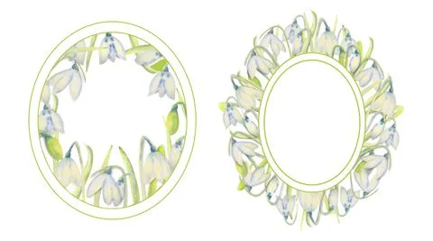 Set of romantic spring frames with snowdrops on the outer and inner edges on a Illustrazione stock