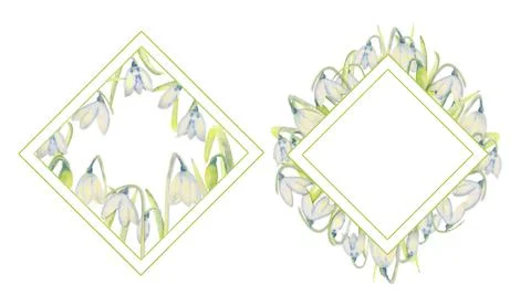 Set of romantic spring frames with snowdrops on the outer and inner edges on a Illustrazione stock