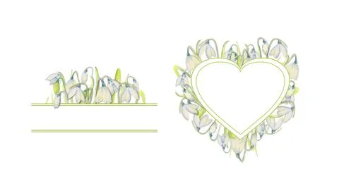 Set of romantic spring frames with snowdrops on the outer edge on a white Stock Illustration