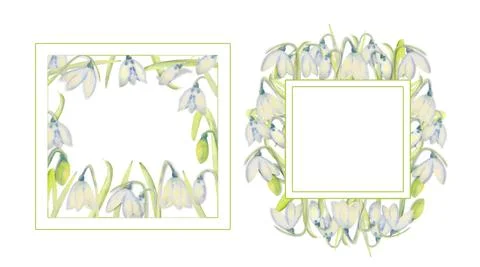 Set of romantic spring frames with snowdrops on the outer and inner edges on  Illustrazione stock