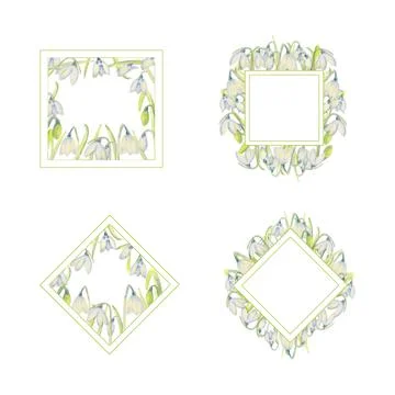 A set of romantic spring frames with snowdrops on the outer and inner edges o Illustrazione stock