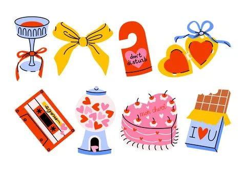 Set of romantic stickers and illustrations for Valentine's Day. Stock Illustration