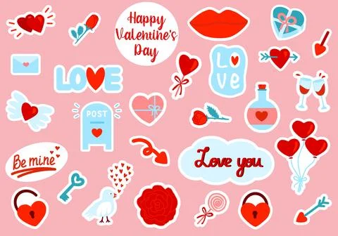 Set of romantic vector love stickers for daily planner, diary or scrapbooking Stock Illustration