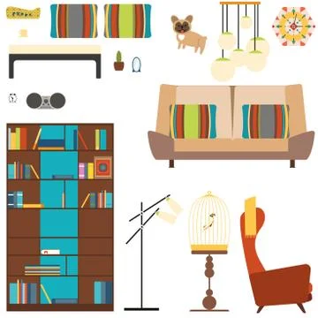 Set of room objects in the style of 70s with bookcase, sofa, armchair, floo.. Stock Illustration