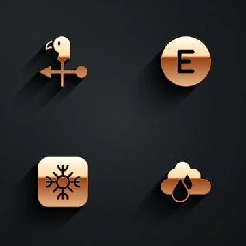Set Rooster weather vane, Compass west, Snowflake and Cloud with rain icon with Stock Illustration