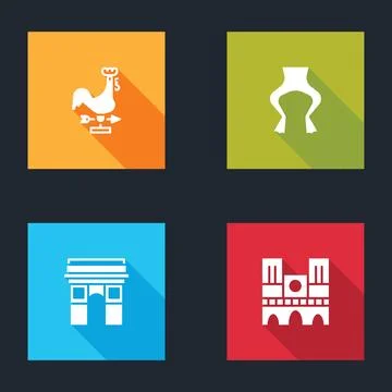 Set Rooster weather vane, Frog legs, Triumphal Arch and Notre Dame icon. Vect Stock-Illustration
