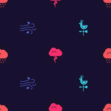 Set Rooster weather vane, Wind, Storm and Cloud with rain on seamless pattern Stock Illustration