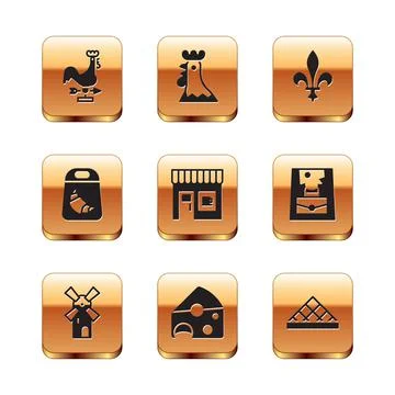 Set Rooster weather vane, Windmill, Cheese, Coffee shop, Croissant package Stock Illustration