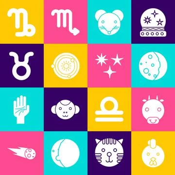 Set Rooster zodiac, Ox, Eclipse of the sun, Rat, Solar system, Taurus, Capricorn Ilustração Stock