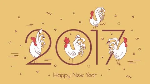 Set roosters on a beige background with geometric shapes. Stock Illustration