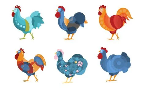 Set of roosters with creative pattern. Vector illustration. イラスト素材