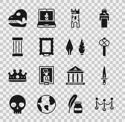 Set Rope barrier, Dagger, Stone age hammer, Castle tower, Picture, Ancient Ilustración de archivo