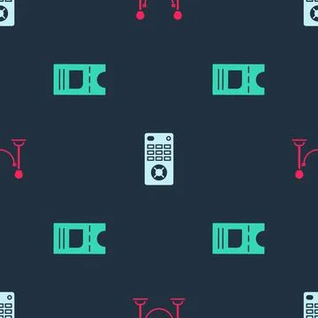 Set Rope barrier, Remote control and Cinema ticket on seamless pattern. Vector 스톡 일러스트