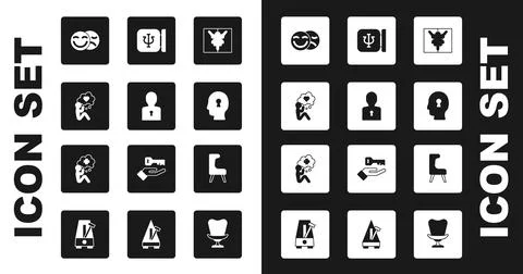 Set Rorschach test, Solution to the problem, Head with heart, Comedy and tragedy Stock Illustration