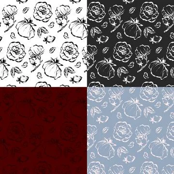 Set of rose patterns isolated line art doodle with leaf element, vector flo.. Stock Illustration
