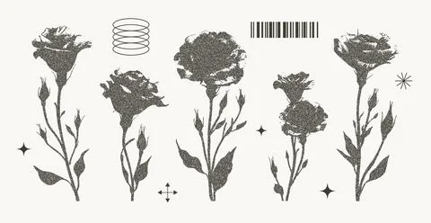 Set of roses with retro photocopy effect Y2K. Design element in trendy dott.. Stock Illustration