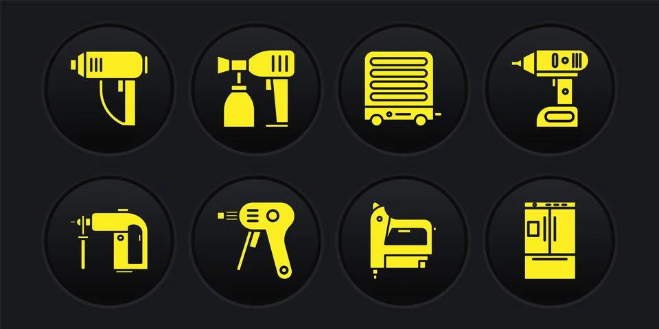 Set Rotary hammer drill machine, Electric cordless screwdriver, hot glue gun Stock Illustration