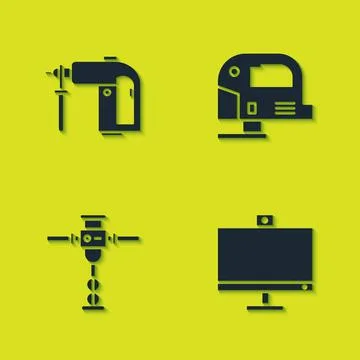 Set Rotary hammer drill machine, Computer monitor, Construction jackhammer and Stock Illustration