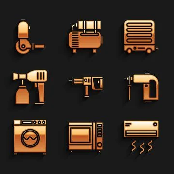 Set Rotary hammer drill machine, Microwave oven, Air conditioner, Washer and Stock Illustration