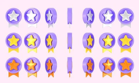 Set of rotate medals animation 3d render. Purple circle award badges with golden Stock Illustration