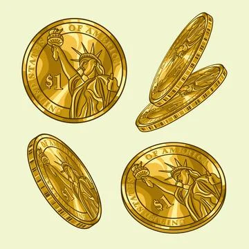 Set of rotating gold coins with statue of liberty. Golden money set. Stock Illustration
