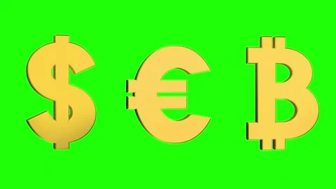 Set of rotating signs dollar, euro and bitcoin signs on green screen. Stock Footage 316047707