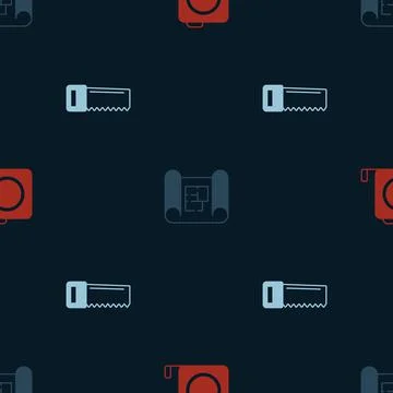 Set Roulette construction, House plan and Hand saw on seamless pattern. Vector 스톡 일러스트