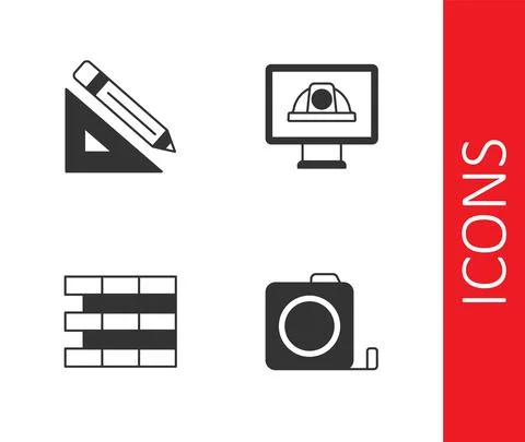 Set Roulette construction, Triangular ruler and pencil, Bricks and Worker safety Stock Illustration