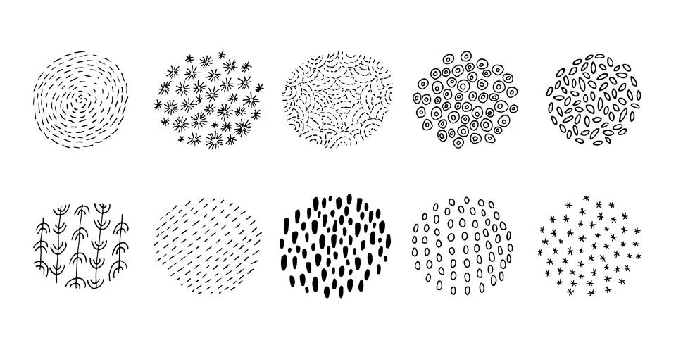 Set of round Abstract black Backgrounds or Patterns. Hand drawn doodle shapes. Stock Illustration