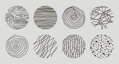Set of round Abstract Patterns. Hand drawn doodle shapes. Spots, Curves, Line Stock Illustration
