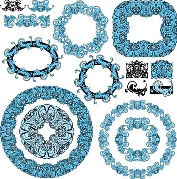 Set of round and oval frames and vintage design elements Stock Illustration