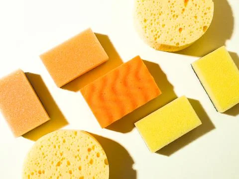 Set of round and rectangular foam rubber sponges. Abstract geometric composition Stock Photos