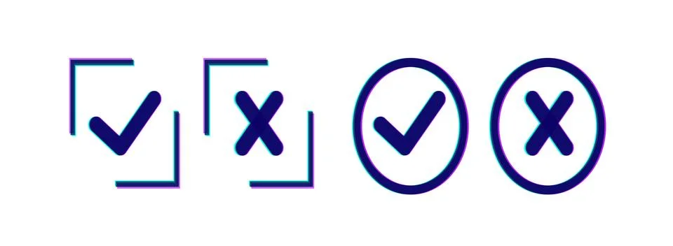 A set of round and square buttons with a Done and Error sign. In the style of Stock Illustration