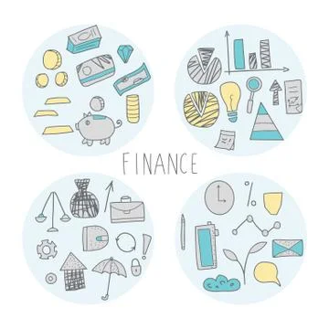 Set of round badge with finance elements. Business concept. Vector color illu 스톡 일러스트