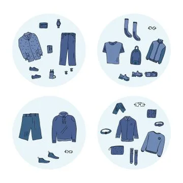 Set of round badges of men apparel and accessories set in doodle style. Colle Stock Illustration