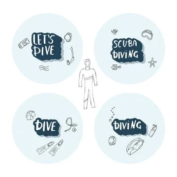 Set of round badges with scuba diving lettering, elements  and equipment. Und Stock Illustration