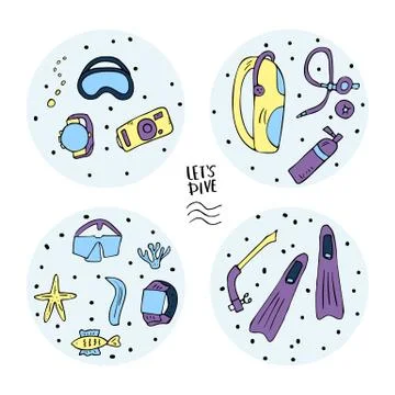 Set of round badges of scuba diving elements and equipment. Underwater activi イラスト素材
