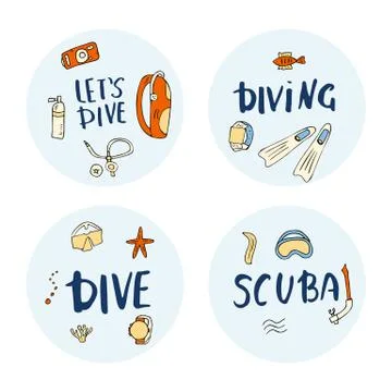 Set of round badges of scuba diving elements, lettering and equipment. Underw Stock Illustration